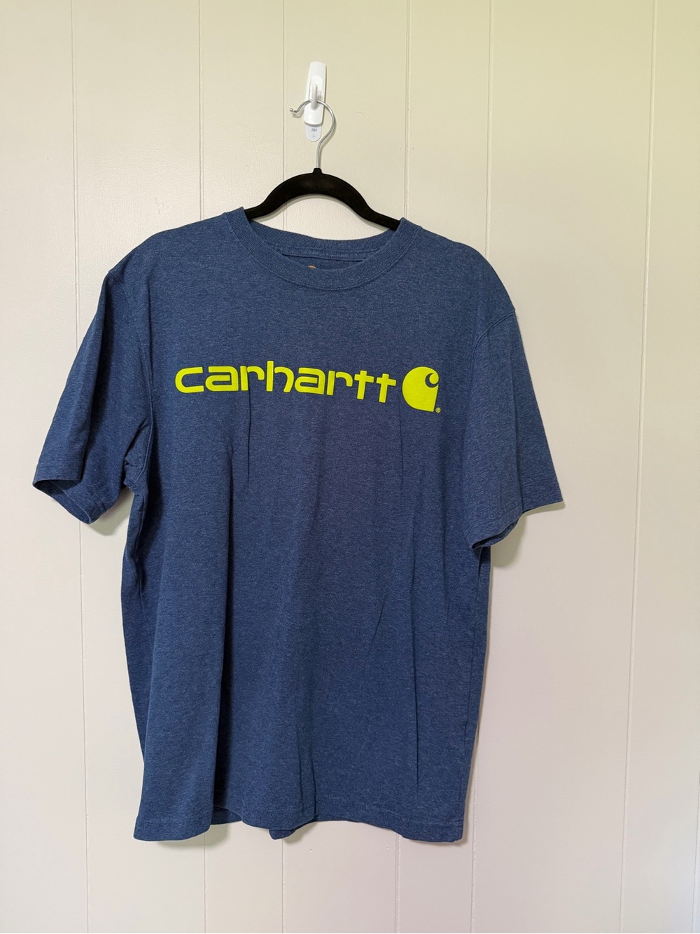 Carhartt Navy Blue Short-Sleeve Logo Tee with Yellow Graphic